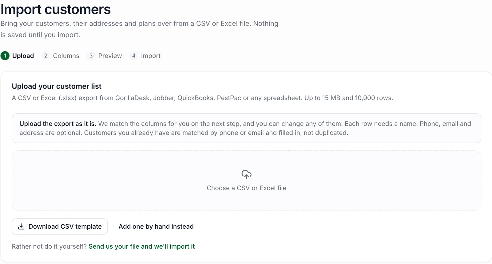 PestShift Import customers page with steps upload, columns, preview and import, and a box to choose a CSV or Excel file from GorillaDesk, Jobber, QuickBooks, PestPac or any spreadsheet