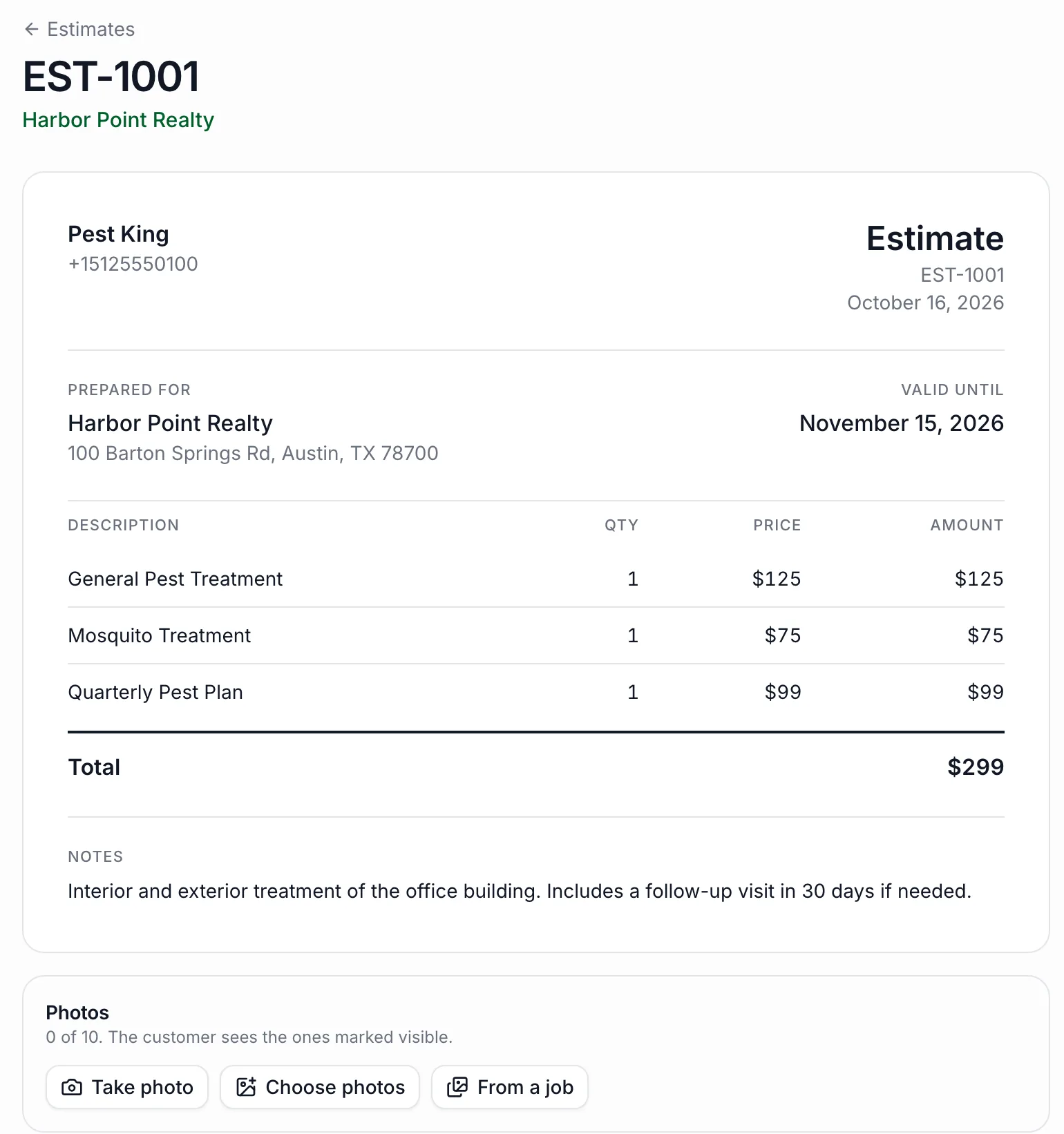 PestShift estimate EST-1001 for Harbor Point Realty with line items for general pest, mosquito and quarterly pest plan, a $299 total, notes and photo options