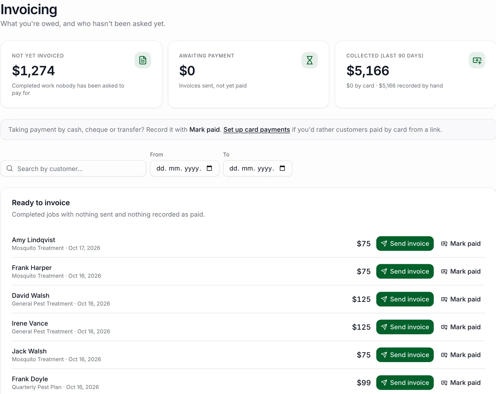PestShift invoicing page with totals for not yet invoiced, awaiting payment and collected in the last 90 days, and a list of completed jobs ready to invoice with Send invoice and Mark paid buttons