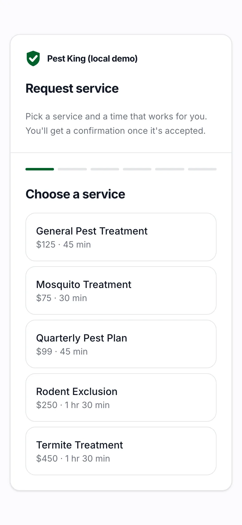 PestShift booking page on a phone titled Request service, with a list of services and their prices and lengths to choose from