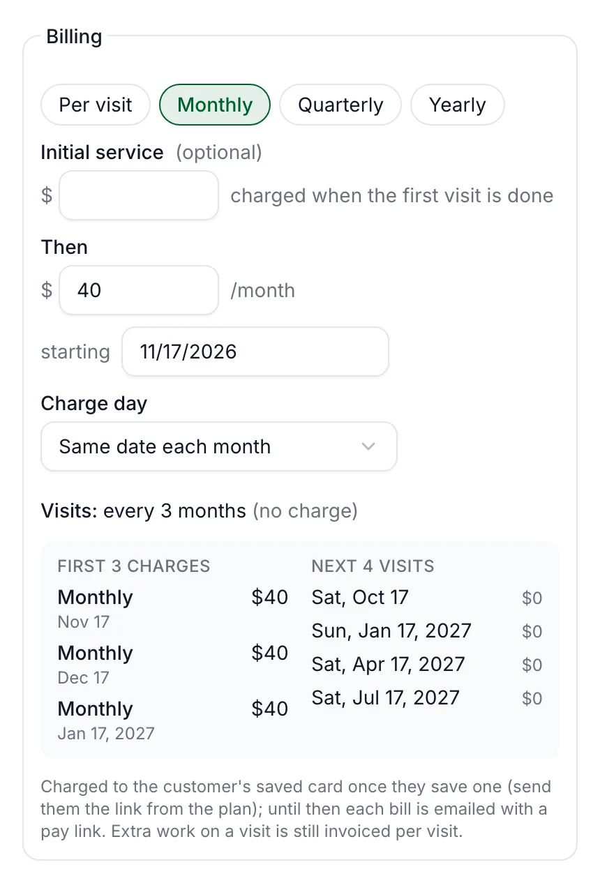 PestShift plan billing fields: Monthly selected, $40 a month starting 11/17/2026, charged the same date each month, visits every 3 months at no charge, and the first three charges and next four visits