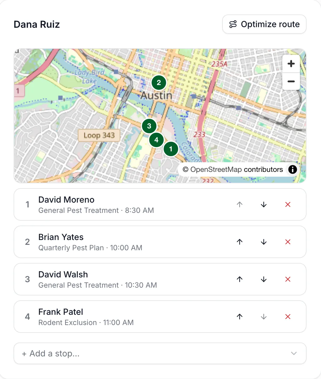 PestShift route for technician Dana Ruiz with four numbered stops on a map of Austin and the stop list with service and time, plus an Optimize route button