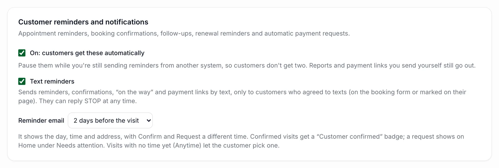 PestShift Settings, Customer reminders and notifications: automatic reminders on, Text reminders on, and the reminder email set to 2 days before the visit