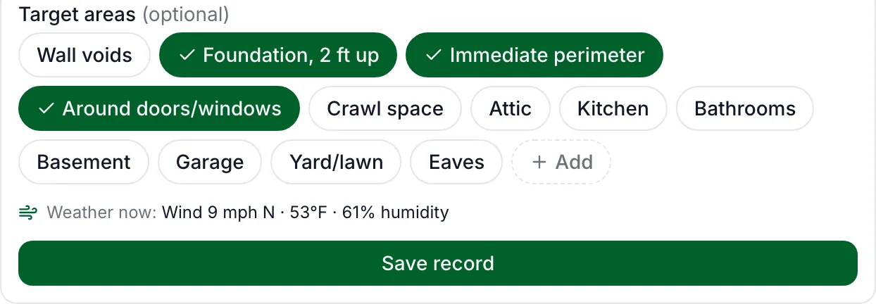Bottom of a PestShift chemical record showing target areas and the line Weather now: Wind 9 mph N, 53°F, 61% humidity, above the Save record button