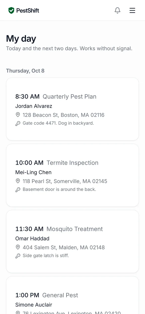 The PestShift My day screen on an iPhone, listing the day's visits in order