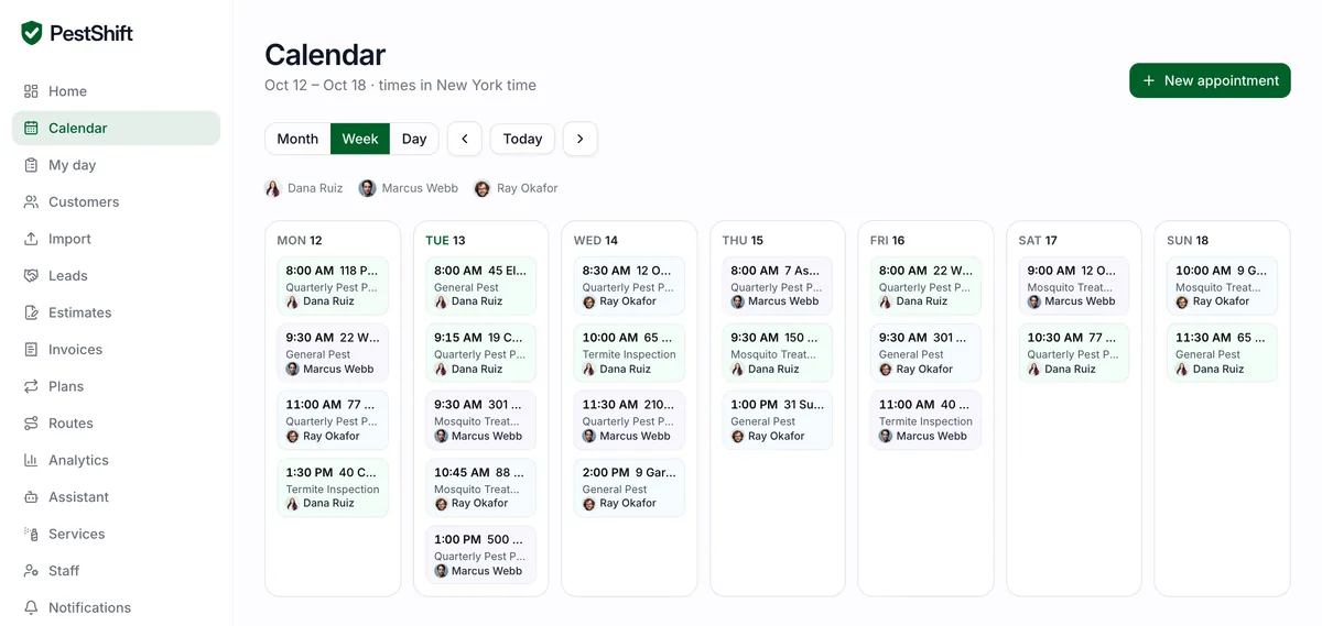 The PestShift calendar: a week of visits for three technicians, with Routes in the sidebar